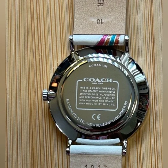 COACH PERRY WATCH WITH 36MM WHITE RAINBOW STARS FACE & WHITE LEATHER BAND - Picture 3 of 5